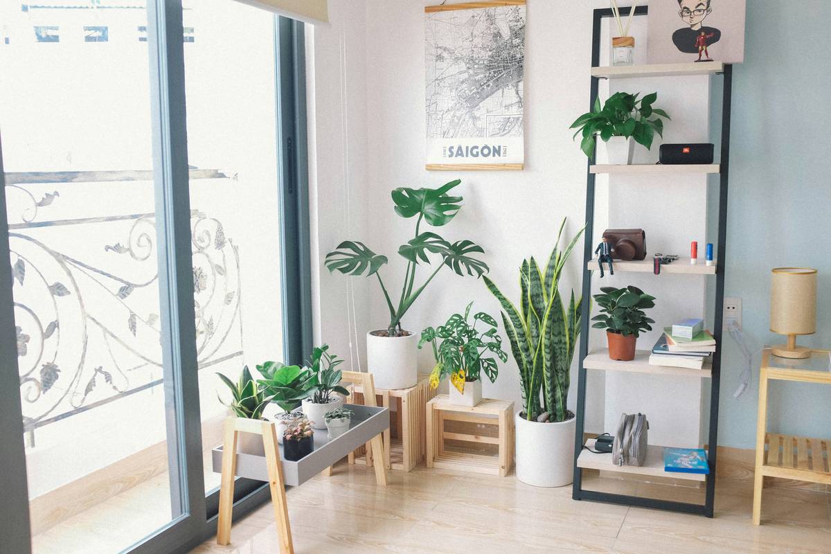 artificial plants room decor featuring a realistic silk monstera in a woven basket beside neutral-toned throw pillows and a wood side table